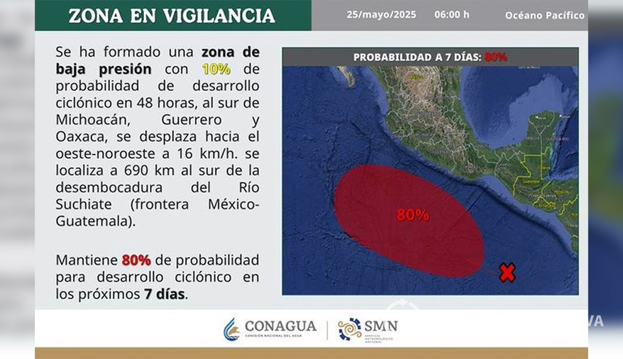 Vigilan zona de baja presión en el Pacífico con alto potencial ciclónico