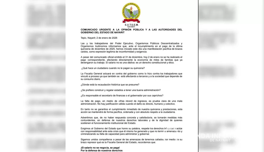 Inician protesta trabajadores del Gobierno de Nayarit por falta de pago de quincena